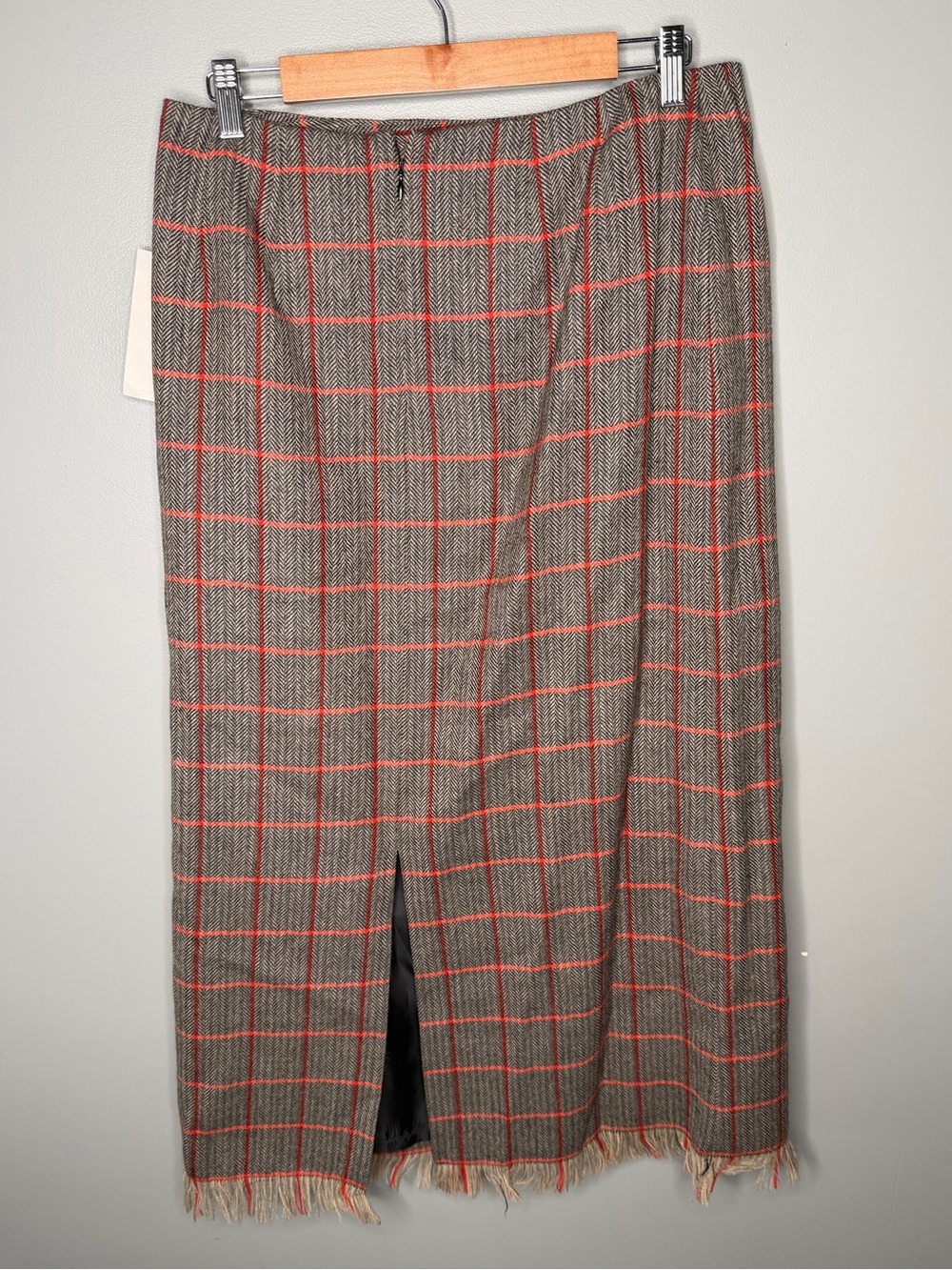 NWT Deadstock Vintage 90s Wool Plaid Fringe Midi Skirt - Picture 5 of 11
